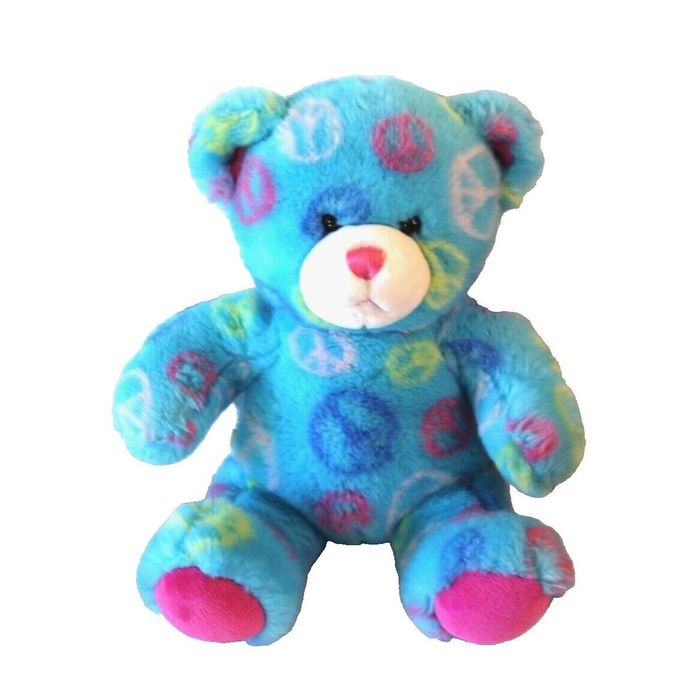 Build A Bear Blue/Pink Peace Bear Soft Plush Toy Animal 14" BAB